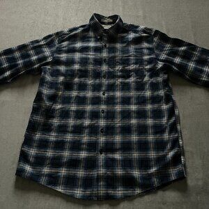 LL Bean Button Down Shirt Men Tall L Blue Plaid Long Sleeve Cotton Flannel